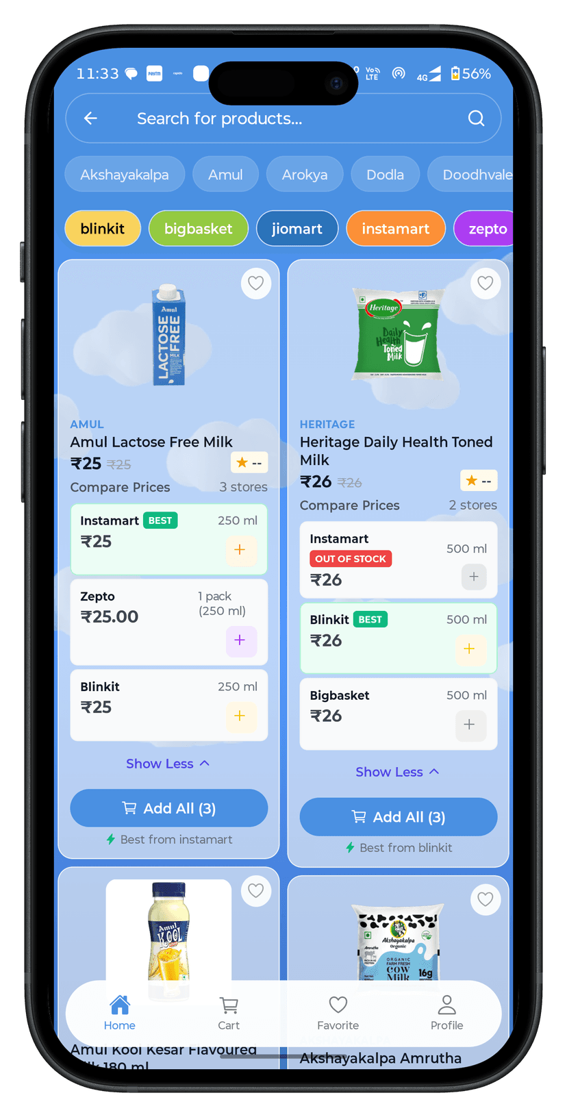 Search results showing prices across Blinkit, Zepto, and Instamart